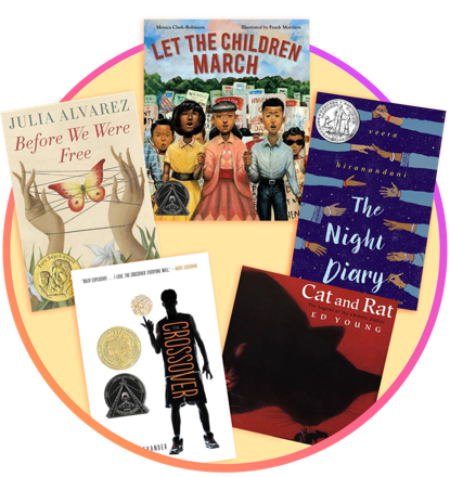 A collection of five book covers: Before We Were Free, Let the Children March, The Night Diary, Cat and Rat, Crossover